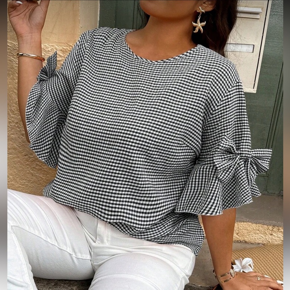 Black and White Gingham Ruffle Sleeve Top Blouse Shirt